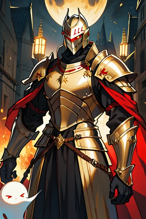 Ghost man, Classic medieval knight helmet gold, Red eyes, black aura, black skin, muscular, Golden armor, at night