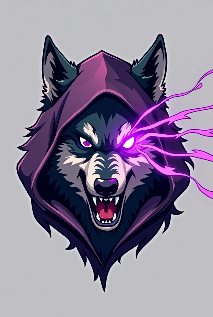 A logo of an angry wolf's face, that the left front part of the face is covered by a purple hood and that purple rays are projected from its right eye, but the wolf is animated and below the logo is written MANANTIAL