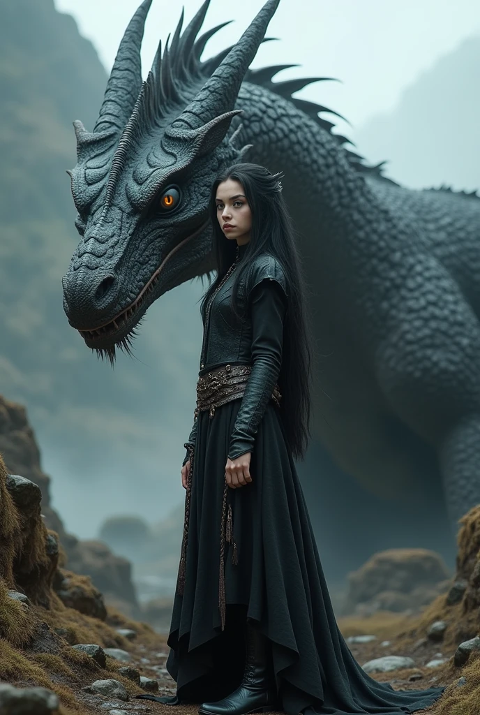 Create an image with a girl with long black hair and black eyes, with a dragon and with the theme of game Of thrones, real