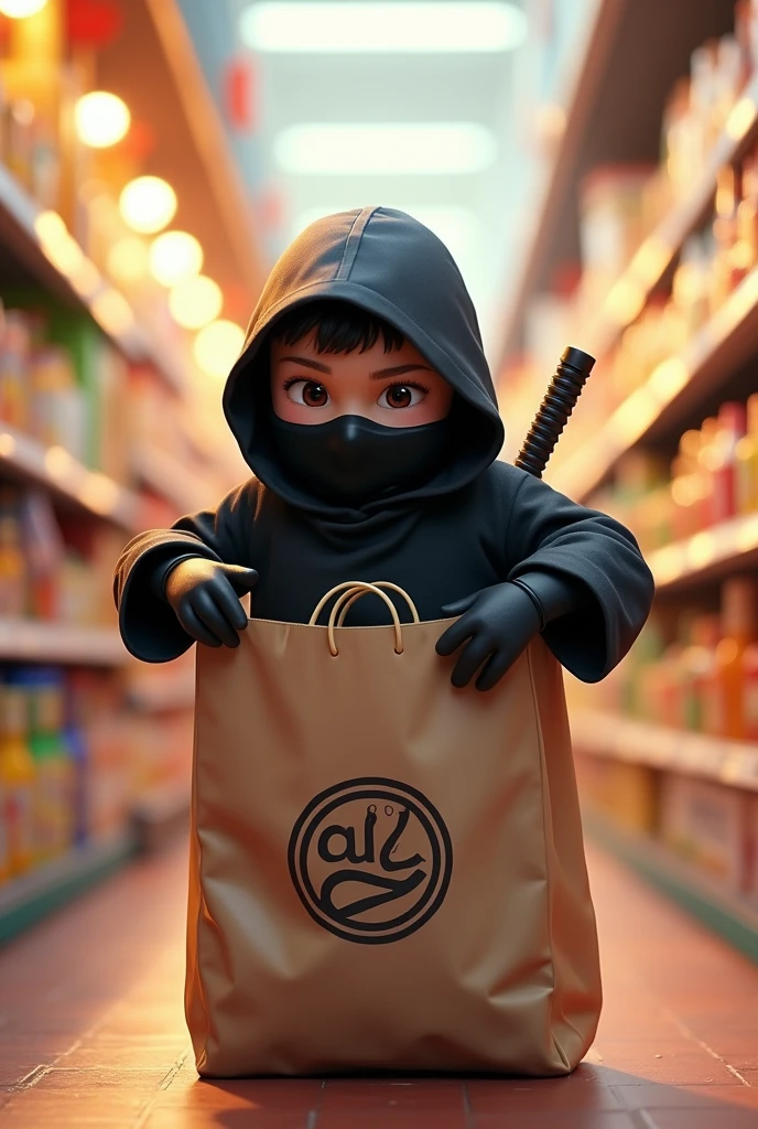 illustration of a ninja coming out of a supermarket bag in disney pixar animation marketing up
