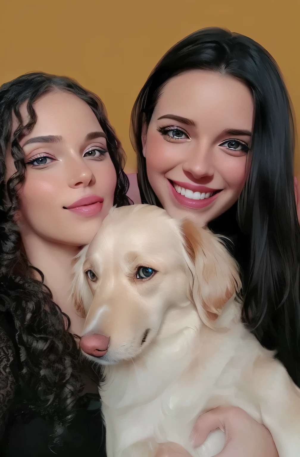 two beautiful women and a dog, hairs drawn like cartoon, perfectly drawn eyes, eyes like a cartoon drawing, beautiful eyes, perfect eyes, they are very happy, they are smiling, the image is very detailed