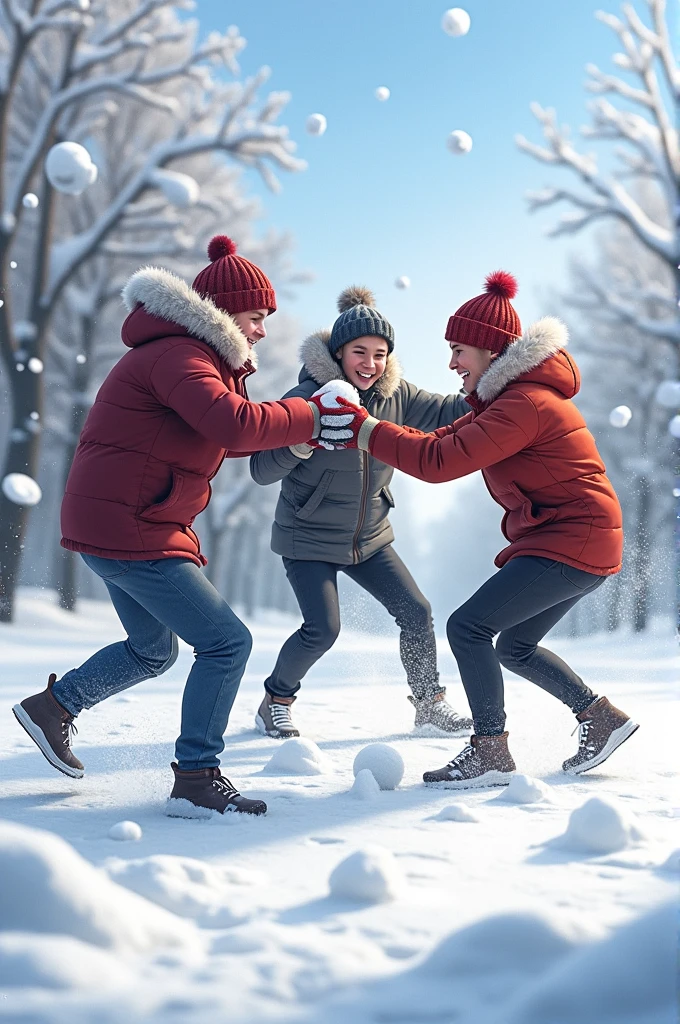 3 young men having a snowball fight 