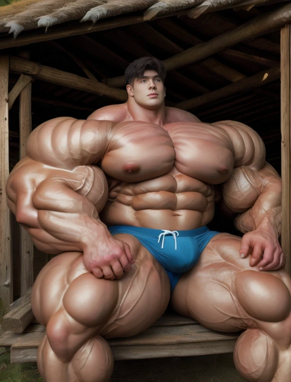 1boy, giant, asian, solo, giant bodybuilder, golden hour, strong body, bulk, large size, seated in any hut, outdoor, nude, blue triangular underwear with enormous bulge, extraordinary big, brutalmass, giant muscular body, bulk, buff, massive body, large meaty body size, extremely wide body, tallest body