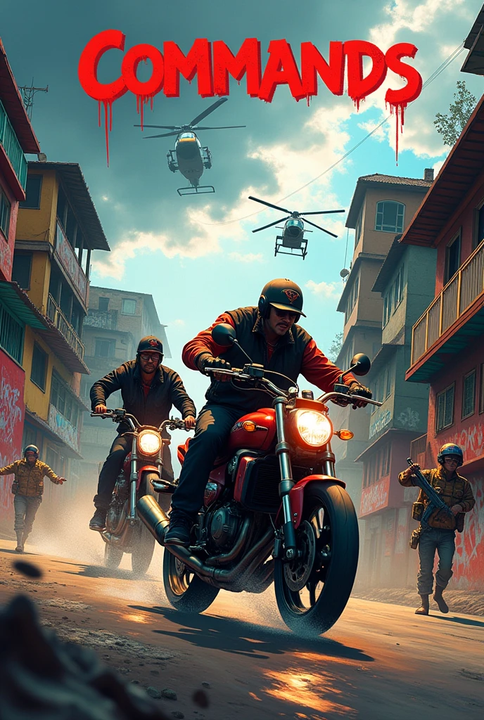 fund: A vibrant and detailed Brazilian favela, with stacked houses, graffiti on walls and busy streets. The sky is cloudy, giving a tense tone to the scene.

Personagens: Two bandits on a MT-07 or Hornet motorcycle, with one of them holding a pistol while the other is on the handlebars, looking back, as if they were on the run. Both are dressed in urban clothes, like jackets and caps, symbolizing the favela culture.

Action: From a distance, some men from the favela holding pistols, showing that they are ready to help the bandits escape.

helicopter: A police helicopter is in the sky, with flashing lights and directing their focus to the fleeing bandits, creating a climate of persecution.

Title: Na parte superior da capa, the name "Commands" is highlighted, using a graffiti font, with an urban and aggressive appearance, possibly in colors like red to contrast with the background.

This description can serve as a guide for creating the game&#39;s cover art.. If you have any further details or adjustments you would like to make, feel free to let me know!