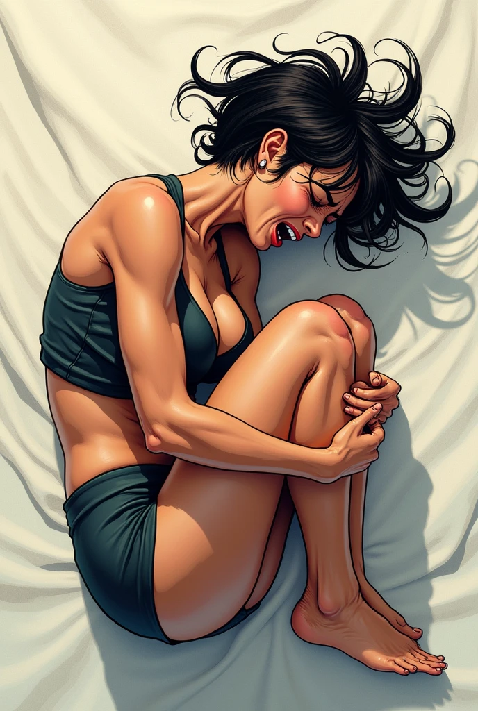 A woman with short hair, fantasia do super man, physically strong, lying on the floor in the fetal position, sobbing. perspective from above. manga style.