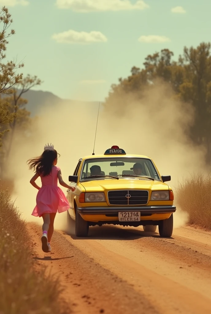 Yellow taxi with driver and passenger visible through windows, dirt road, dust on air, girl with pink dress and tiara on her head on the street runs after the car to catch up with it, she is facing the car and with her back to open scene. The place Serra gaúcha. Remember it's a chase. Turn the car around and leave the car facing away from the scene., film the back of the car. Make it a little smaller. Most current car, keep everything else the same as is