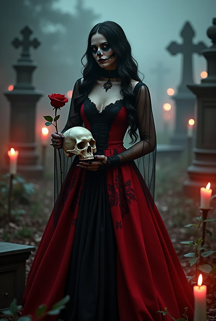 an elegant woman with long, dark hair wearing a vibrant dark red and black dress adorned with lace and intricate details. embroidery His skin is a light and striking tone, his face is like a skull, mixing beauty and macabre. In one hand, she delicately holds a skull and, in the other, a red rose, symbolizing her dual nature. She is in a dimly lit cemetery, surrounded by dimly glowing candles and fog, with shadows from old tombstones and crosses in the background. The atmosphere is eerie and slightly eerie, with a soft, reddish light highlighting its presence.