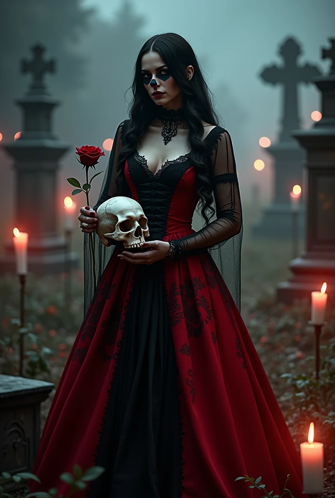 an elegant woman with long, dark hair wearing a vibrant dark red and black dress adorned with lace and intricate details. embroidery His skin is a light and striking tone, his face is like a skull, mixing beauty and macabre. In one hand, she delicately holds a skull and, in the other, a red rose, symbolizing her dual nature. She is in a dimly lit cemetery, surrounded by dimly glowing candles and fog, with shadows from old tombstones and crosses in the background. The atmosphere is eerie and slightly eerie, with a soft, reddish light highlighting its presence.