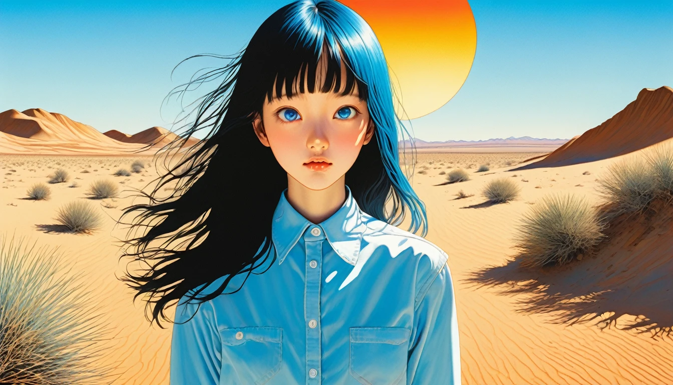 An illustration、art、Supervised by Junji Ito、Overaction、Walking in the desert、Attention to detail, Realistic shadows、Analog Style, chromatic aberration, Surrealism、A blue sky with the sun