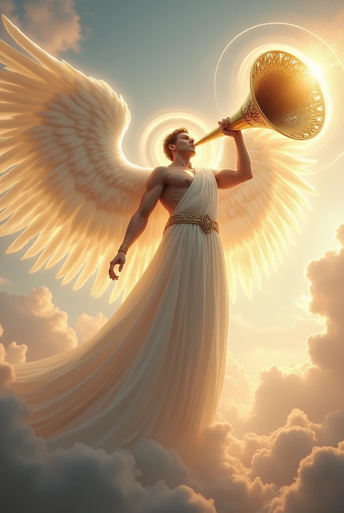 Generate images of a male giant angelic being blowing a large medieval horn