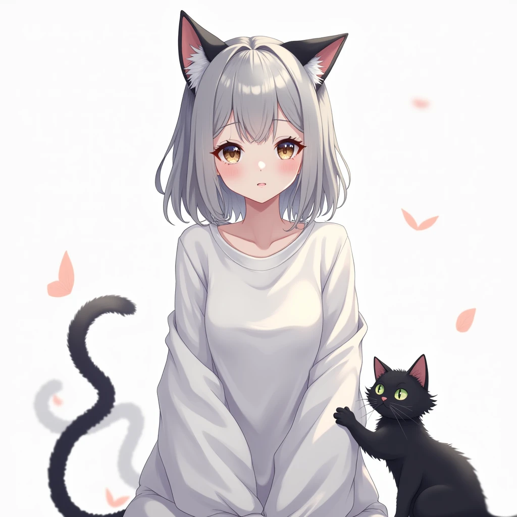 Anime, Masterpiece, experience, detailed face, 1girl, solo, catgirl, 16YO, bob hair style, light gray hair, light gray eyes, fluffy black cat_ear and pink inside, 1 cat tail, wear oversize white shirt, blank background, full body