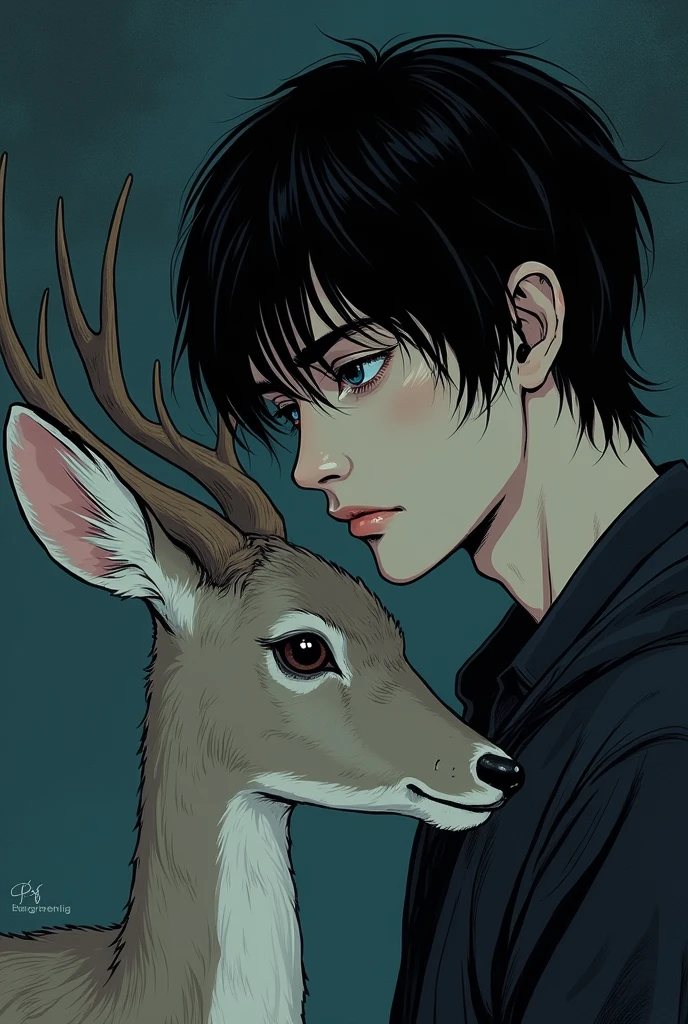 Manga 20 year old white man with straight mid-length black hair and unshaven, sweet noir qui est amoureux d une biche