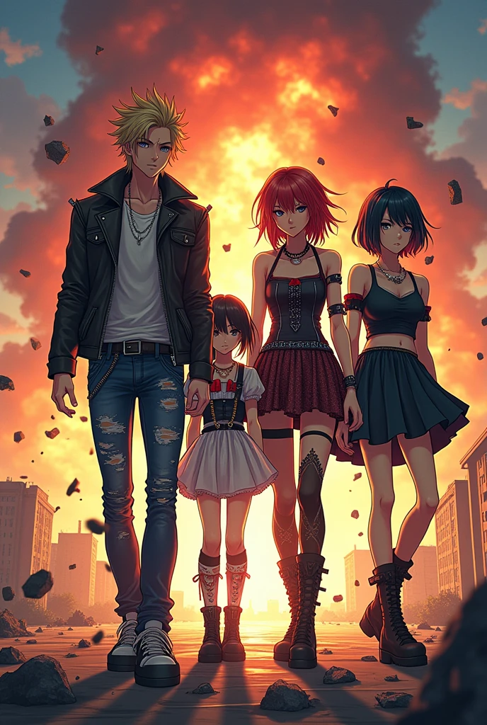 Anime Character Student Alternative Clothing 2 men and 2 women Chaos Background Explosion