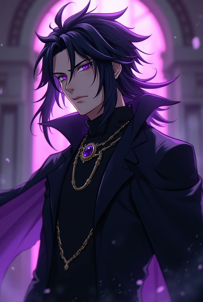 Create an male anime character using this name: 6. Brother - Aizen Grayford Blackwood (Gray) (His eyes are dark purple, his hair is pitched black and dark purple, his style resembles of hatred, love, ambitious, mysterious, elegance, creative, sadness, madness, arrogant, bold, power, evil, strength, hunger. His overflowing with a purple malevolence and dark evil aura) Make them more mature and majestic appeal.