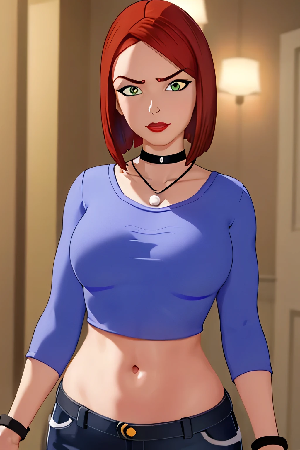 straight-on,pose,looking at viewer,solo, BREAK,
CARTOON_merry_jane_watson_SMTAS_ownwaifu, www.ownwaifu.com, 3d, 
red hair, short hair, green eyes, breasts, makeup, lipstick, red lips, bob cut, lips, choker, jewelry, necklace, black choker, blue shirt, crop top, long sleeves, black_pants, jeans, denim, wristband, super fine illustration, vibrant colors, masterpiece, sharp focus, best quality, depth of field, cinematic lighting, ultra detailed, belly, belly button, bellybutton, navel, tummy, wide hips, angry, chestnut mouth, parted lips