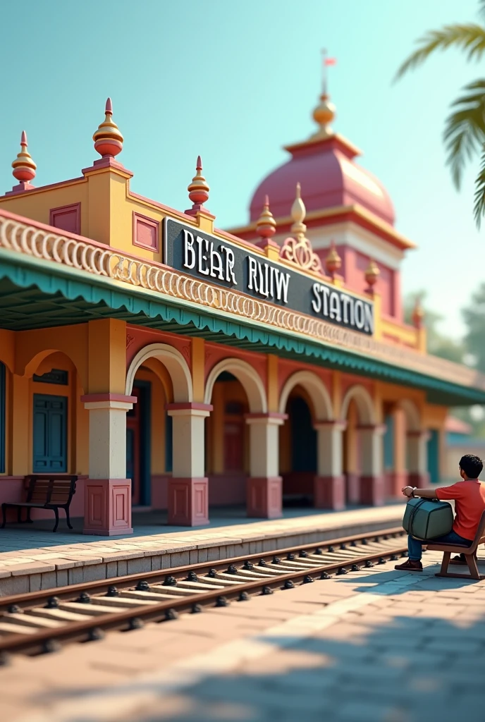"Design a 3D model of a beautiful railway station named 'Buxar.' The station should feature a large, prominent signboard displaying 'Buxar' in bold, legible letters. The architecture should combine traditional elements with modern touches, showcasing clean lines, well-maintained platforms, and intricate details. The environment is set during the day, with natural lighting that enhances the structure's vibrant colors. The surrounding area should include train tracks and a few passengers to bring the scene to life." A 21 years boy is waiting for train and sitting on bench with bag