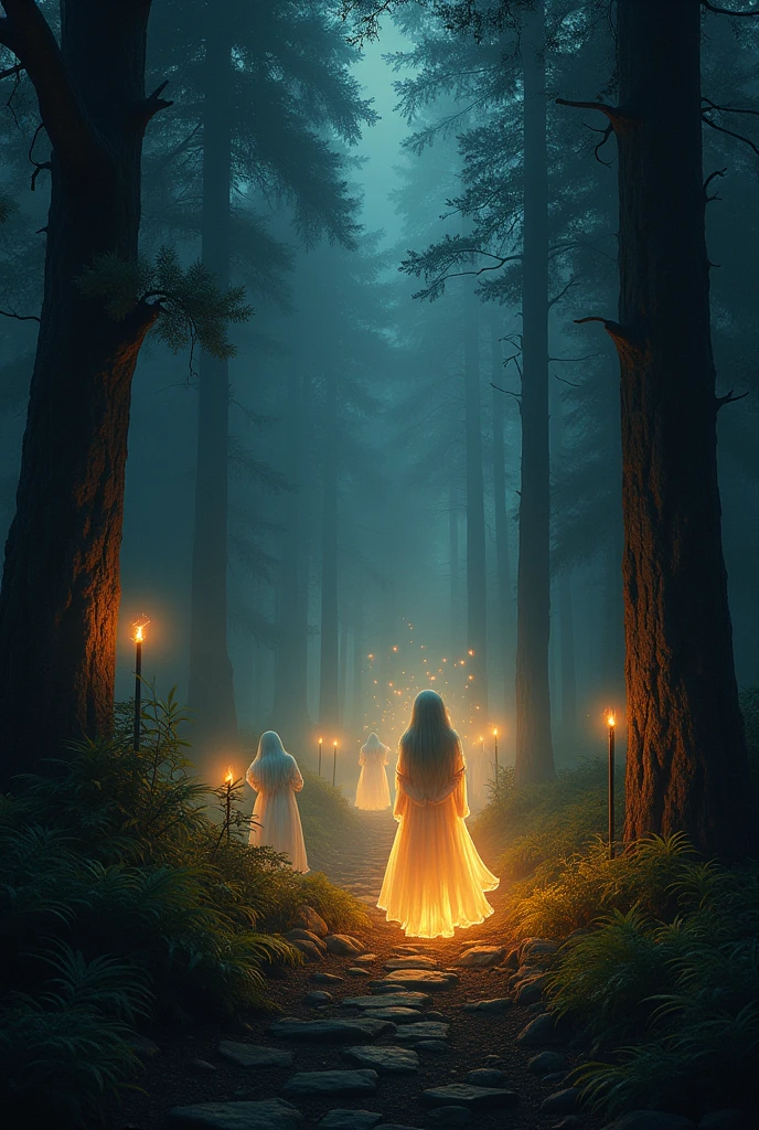 night Candles in the forest mysterious Brightness