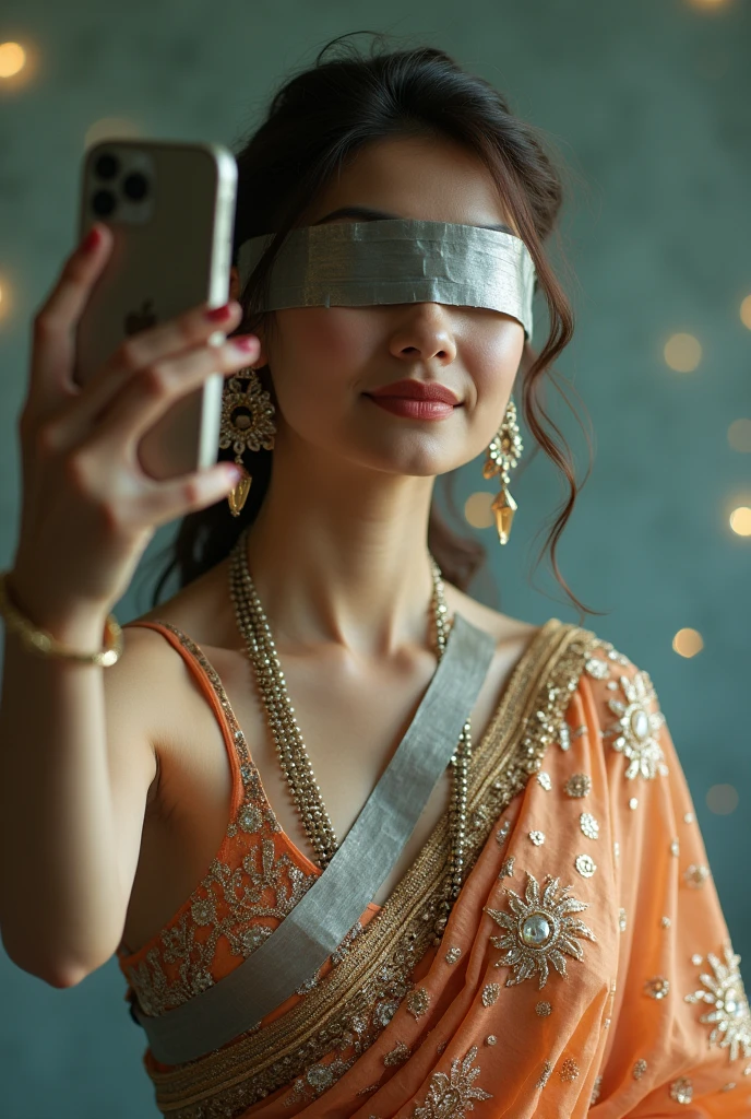 Aesthetic girl blindfolded duct tape gagged in sparkling shimmering saree taking selfie tape gagged