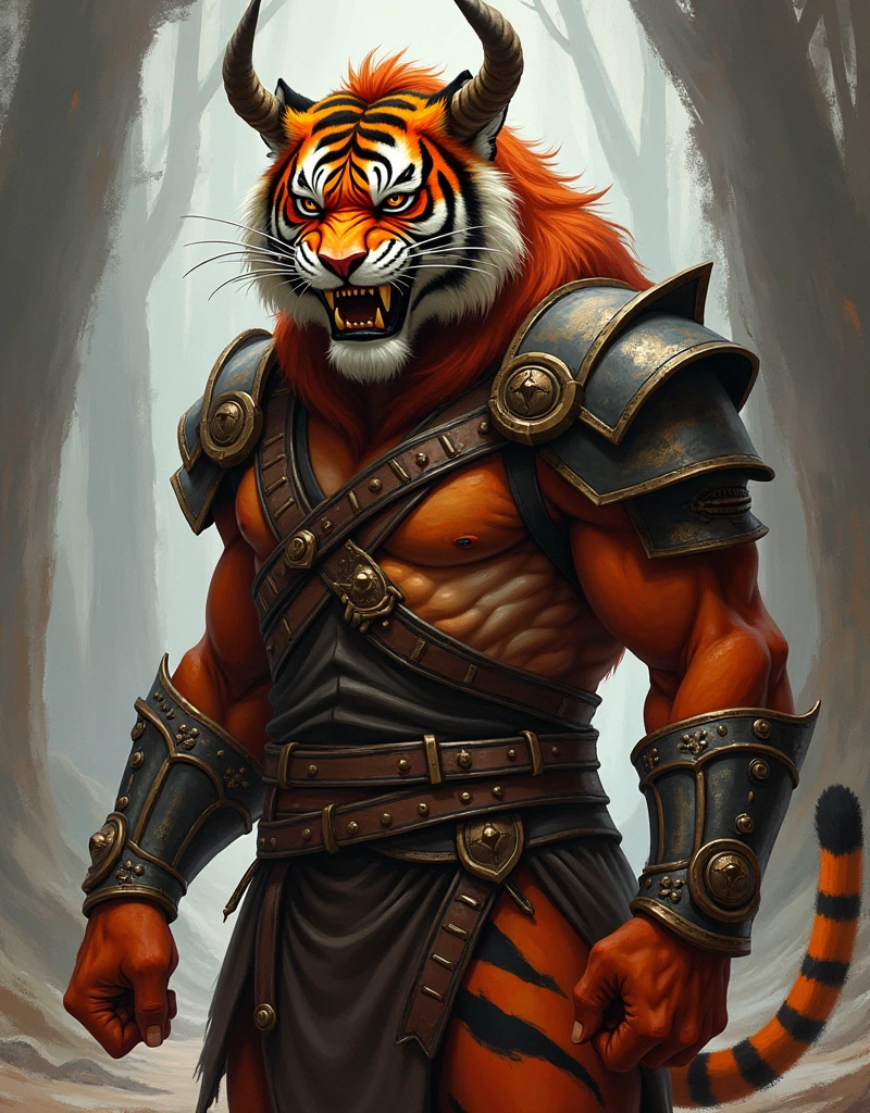A rpg art paint representing a tiggerfolk warrior with a back arm armour, horns, and a evil smile, like Scar from the lion king