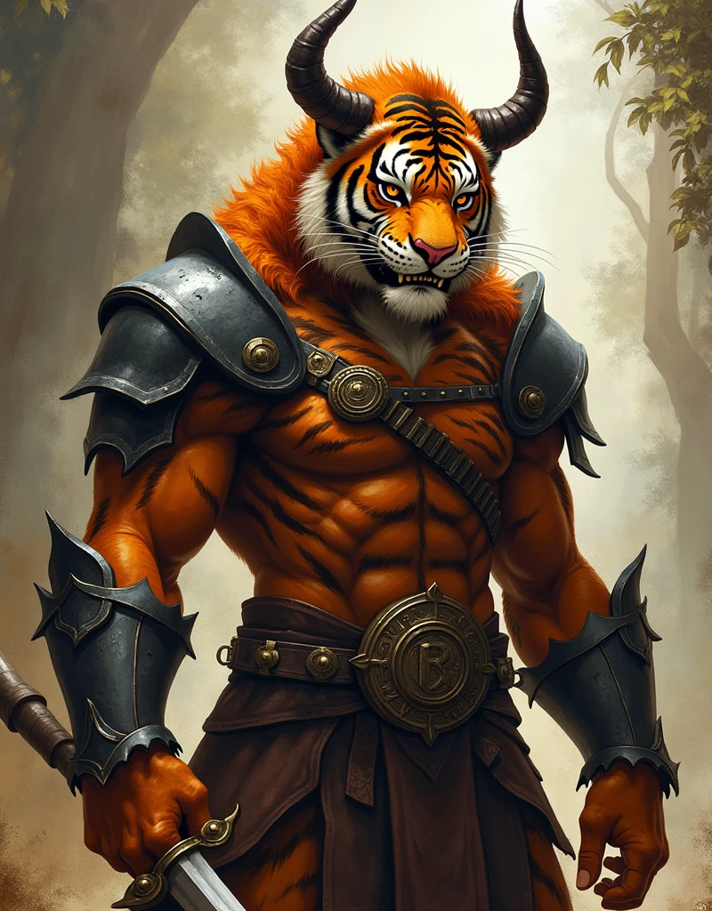 A rpg art paint representing a tiggerfolk warrior with a back arm armour, horns, and a evil smile, like Scar from the lion king