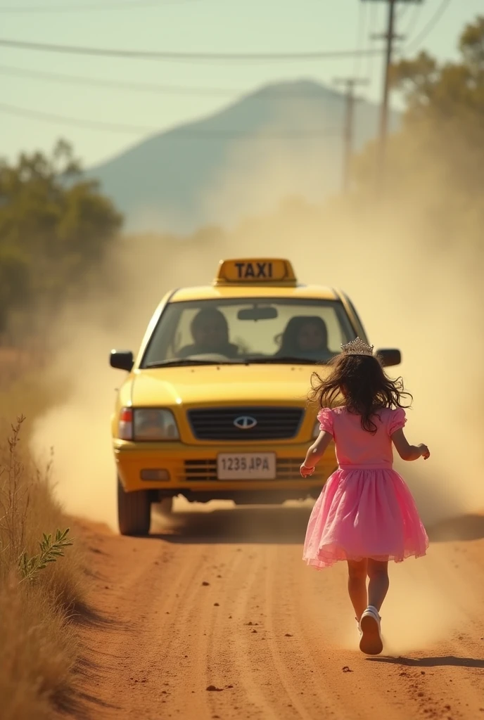 Yellow taxi with driver and passenger visible through windows, dirt road, dust on air, girl with pink dress and tiara on her head on the street runs after the car to catch up with it, she is facing the car and with her back to open scene. The place Serra gaúcha. Remember it's a chase. Turn the car around and leave the car facing away from the scene., film the back of the car. Make it a little smaller. Most current car, keep everything else the same as is