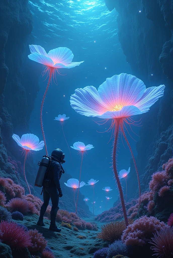 : "A surreal underwater scene where a cosmic garden thrives at the depths of the ocean. Enormous, bioluminescent flowers with petals made of stardust sway gently in the ocean currents, rooted in the seabed amidst clusters of coral and marine life. Each flower emits a soft glow in hues of blues, purples, and pinks, illuminating the surrounding water with a mesmerizing light. The stems of the plants are translucent, pulsating with the light of distant galaxies that seem to shimmer within the water itself. Tiny sea creatures, resembling planets and moons, orbit around the larger flowers like playful fish, weaving through the glowing petals. Above, the water's surface is barely visible, giving way to a vast, starry expanse where distant nebulas swirl, their light filtering down to create an ethereal underwater glow. A lone diver, clad in a futuristic diving suit, tends to the garden using advanced tools, carefully nurturing the cosmic flora in this tranquil, otherworldly marine sanctuary."