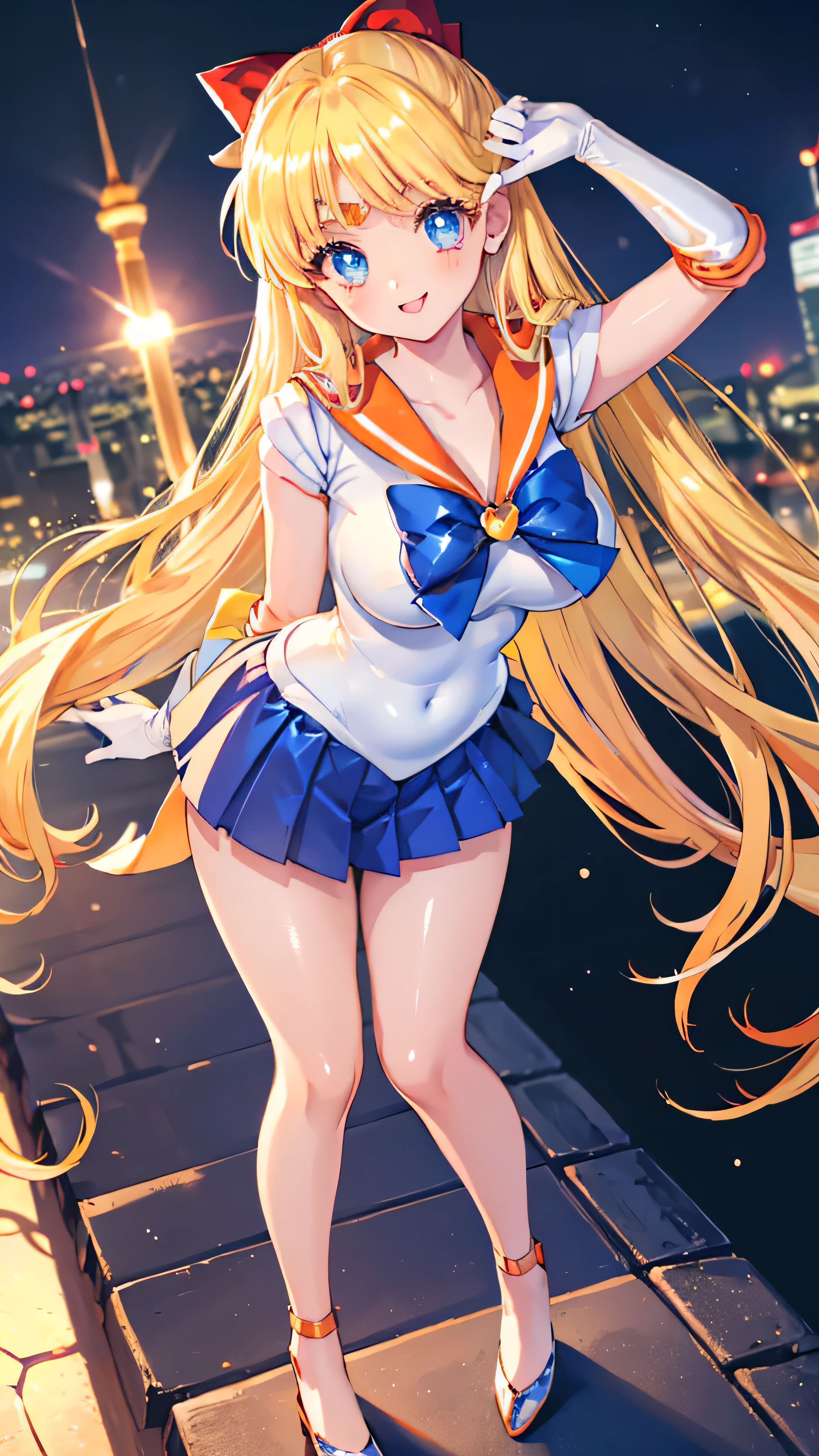 One girl, Angle from the front, ((She emphasizes her breasts、leaning forward to show off her bust.)), (Moonlit Night)、(On the roof of a building)、Thighs、(Glowing White Skin:1.6)、blue eyes, ((Slim figure)), (), (A sadistic and malicious Grin), Stick out your tongue、(Grin), (Shiny blonde hair)、Long Hair, (amount), (feet), Blue ribbon on chest, (Big red ribbon), ((Sailor Venus))、Sailor suit、(Orange Pleated Mini Skirt)、panties, Sexy pose, 