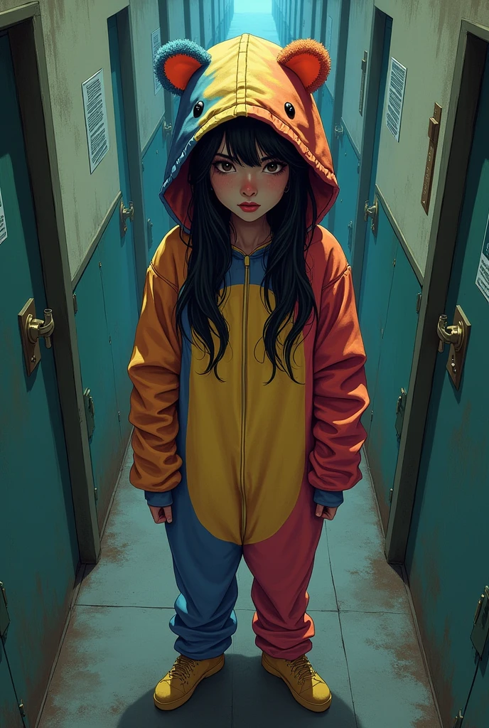 (masterpiece:1.4), (best quality:1.4), extremely detailed, intricate, hyper detailed, (PERFECT FACE), illustration,soft lighting, full_body, 1girl, lonely,  Ao hair, colorful, colorized, from_above ,bear_costume , prison 