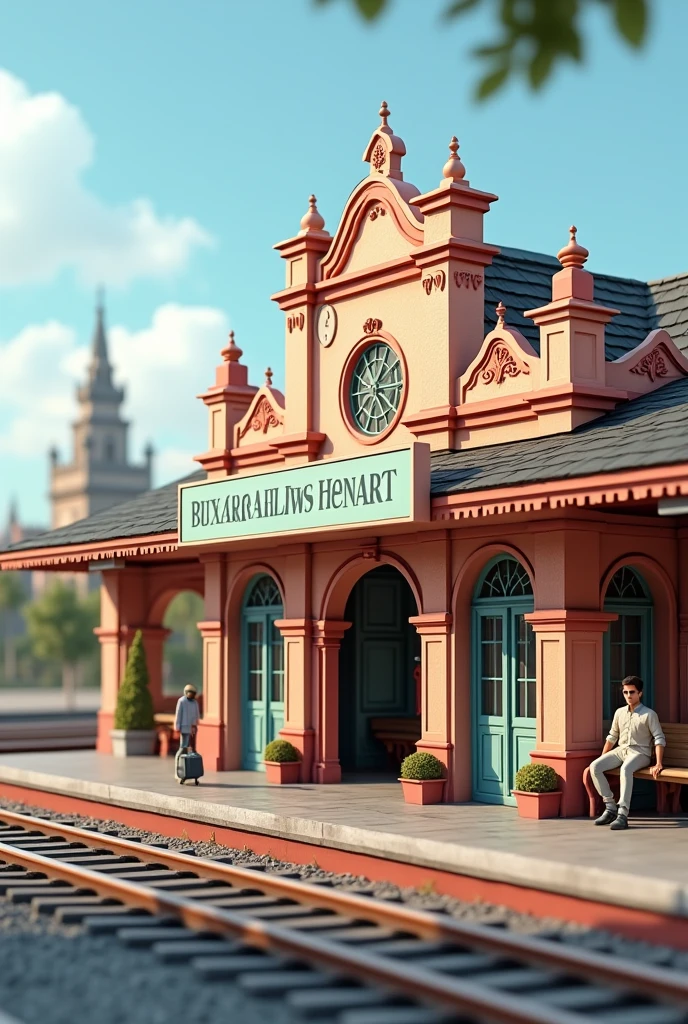 "Design a 3D model of a beautiful railway station named 'Buxar.' The station should feature a large, prominent signboard displaying 'Buxar' in bold, legible letters. The architecture should combine traditional elements with modern touches, showcasing clean lines, well-maintained platforms, and intricate details. The environment is set during the day, with natural lighting that enhances the structure's vibrant colors. The surrounding area should include train tracks and a few passengers to bring the scene to life." A 21 years boy is waiting for train and sitting on bench with bag