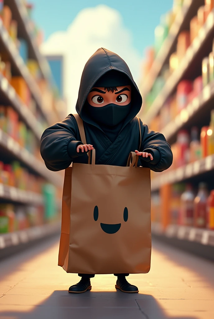illustration of a ninja coming out of a supermarket bag in disney pixar animation marketing up