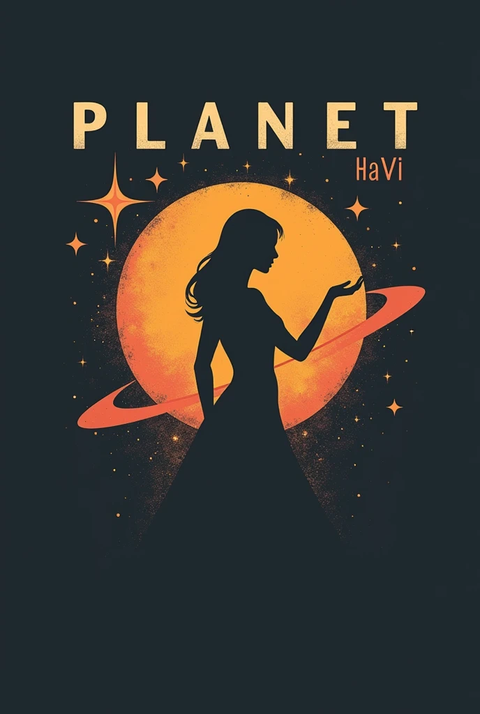 a logo with centralized writing PLANET with a capital letter and Ha Vi with a lowercase letter, written with planet being the name highlighted in the logo 

be minimalist 

with planet elements, the shadow of a woman making a headline, a radiant star, a simple contemporary art background
