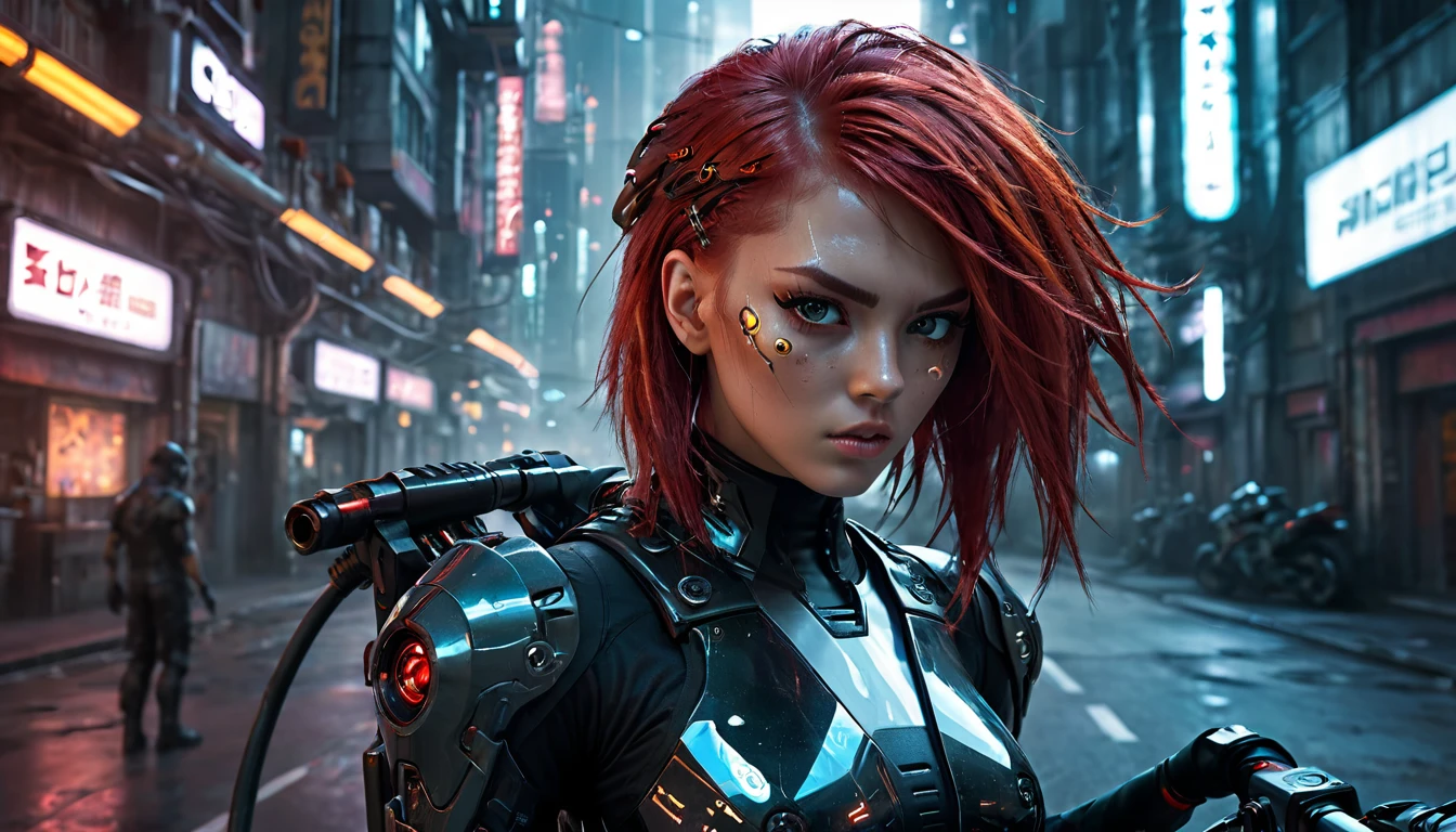 8k, Highest quality,Dark Fantasy,science fiction,1girl,perfect face,hair over one eye,(beautiful detailed Glass hair,red hair,two-tone hair,flipped hair),bike,cyberpunk,super fine concept art,Cybernetic organism,organism,energy gun, energy weapons,Black and red gear,(motorcycle,Electric Lightning ,futuristic city,Future City),