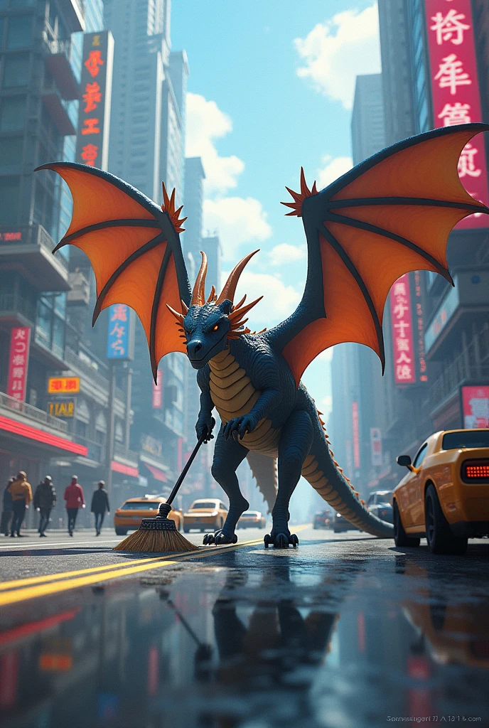 (masterpiece, illustration, best quality:1.2), detailed, intricate, 8k, HDR, cinematic lighting, sharp focus, photo, , (dragon, dragon holding broom, holding broom, dragon sweeping road with broom:1.2), broom, multiple wings, , detailed background, road, (cyberpunk city:1.2), cars, people, citizens, passers-by, peaceful life,