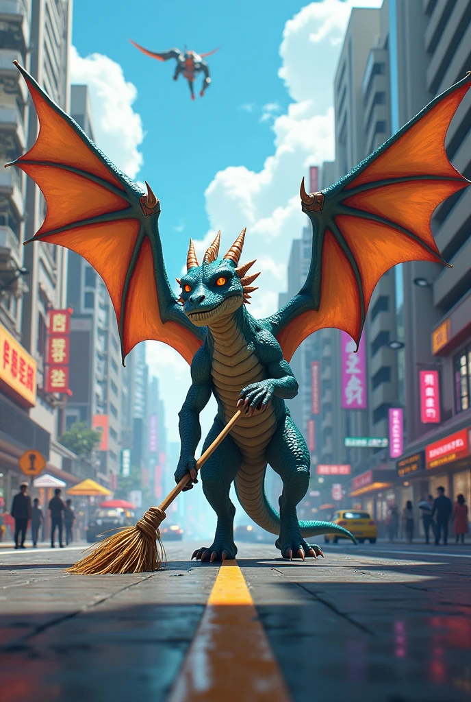 (masterpiece, illustration, best quality:1.2), detailed, intricate, 8k, HDR, cinematic lighting, sharp focus, photo, , (dragon, dragon holding broom, holding broom, dragon sweeping road with broom:1.2), broom, multiple wings, , detailed background, road, (cyberpunk city:1.2), cars, people, citizens, passers-by, peaceful life,