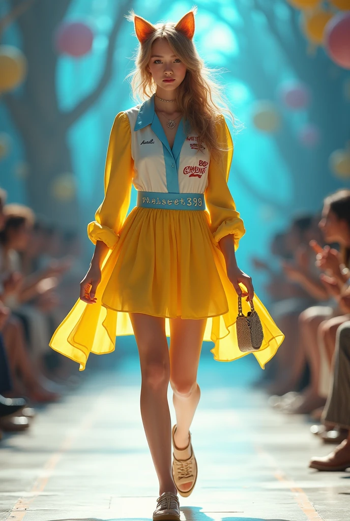 Full body photo of girl with cat face, she wears yellow white and blue dress, She is walking the catwalk in a youthful style outfit., charming, on the clothes there is a line :Real Estate 369, HL 0879.199.369