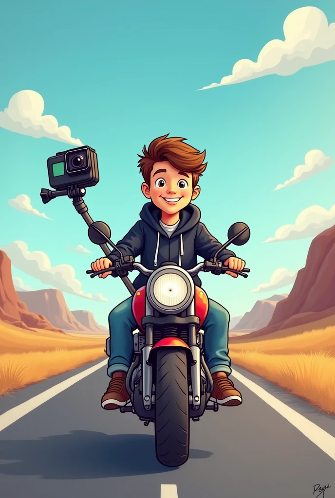 A cartoon traveler boy sitting on the motorcycle with the holding gopro with the selfie stick with the free road by wearing black hoodie. 