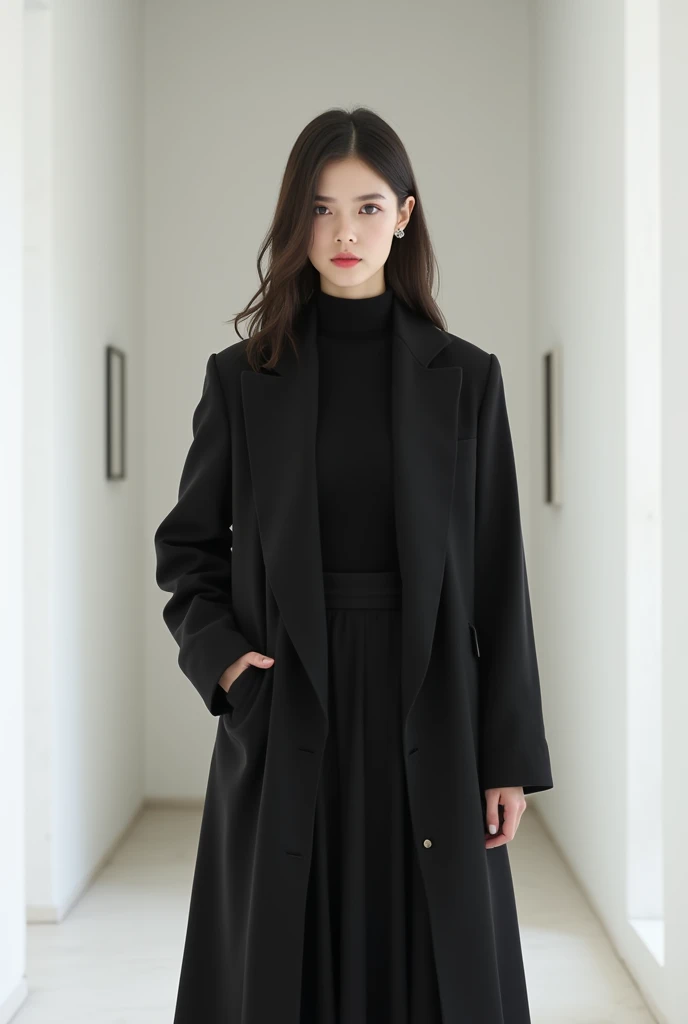 brunette, smile, flat chest, skinny face, white wall, no decoration, long black dress, long jacket, looking smiling at camera, Standing in a white hallway, photo from behind