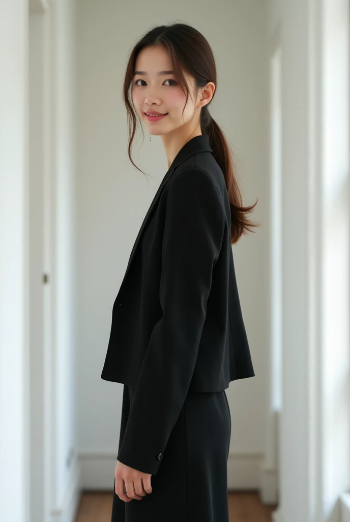 brunette, smile, flat chest, skinny face, white wall, no decoration, long black dress, long jacket, looking smiling at camera, Standing in a white hallway, photo from behind