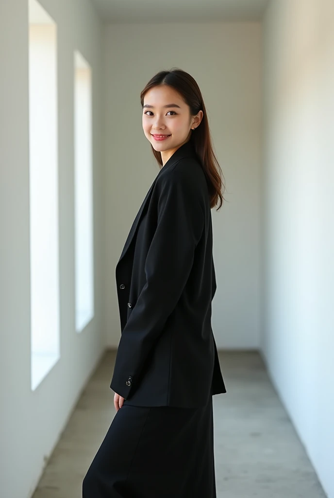 brunette, smile, flat chest, skinny face, white wall, no decoration, long black dress, long jacket, looking smiling at camera, Standing in a white hallway, photo from behind