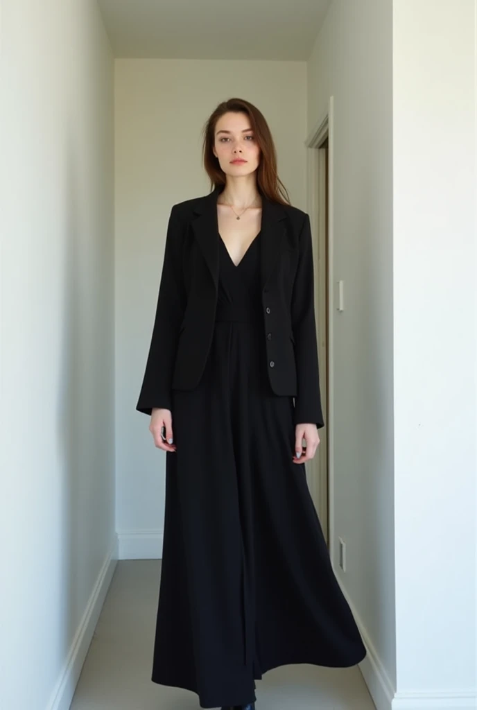 brunette, smile, flat chest, skinny face, white wall, no decoration, long black dress, long jacket, looking smiling at camera, Standing in a white hallway, photo from behind