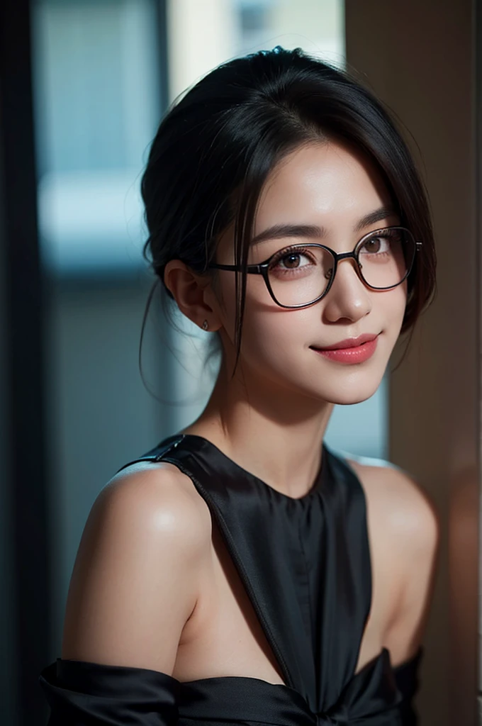 A 16k realistic portrait masterpiece, realistic soft detail lines, highest resolution, every detail, meticulousness, depth of field, bright colors, beautiful composition: a teenage girl (wearing rimmed glasses, no top rim) smiling happily, light makeup with black hair and beautiful innocent detailed eyes, standing on a dark and ominous scene. Sexy silk dress, medium breasts.