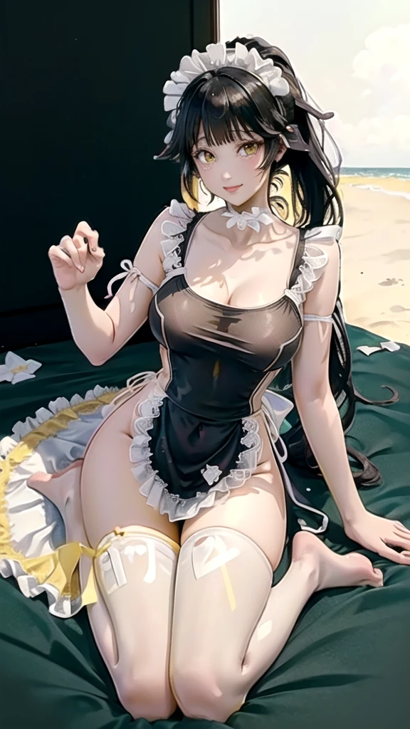 (((masterpiece, ultra HD, 8K quality))), (((clear and bright image))), anime, 1 woman, (((beautiful woman))), (((shining black hair ponytail))), (((shining attractive eyes))), ((((yellow eyes))))), (((eye highlights))), ((very long eyelashes)), (((very large breasts))), cleavage, (((beautiful sexy pose))), looking at the viewer, navel, (((cute smile))), water, thighs, bare shoulders, front tie top, arm support, narrow, ((((see-through maid dress))))), bare feet, collarbone, neck ribbon, halter neck, water's edge, (((summer beach in the background)))
