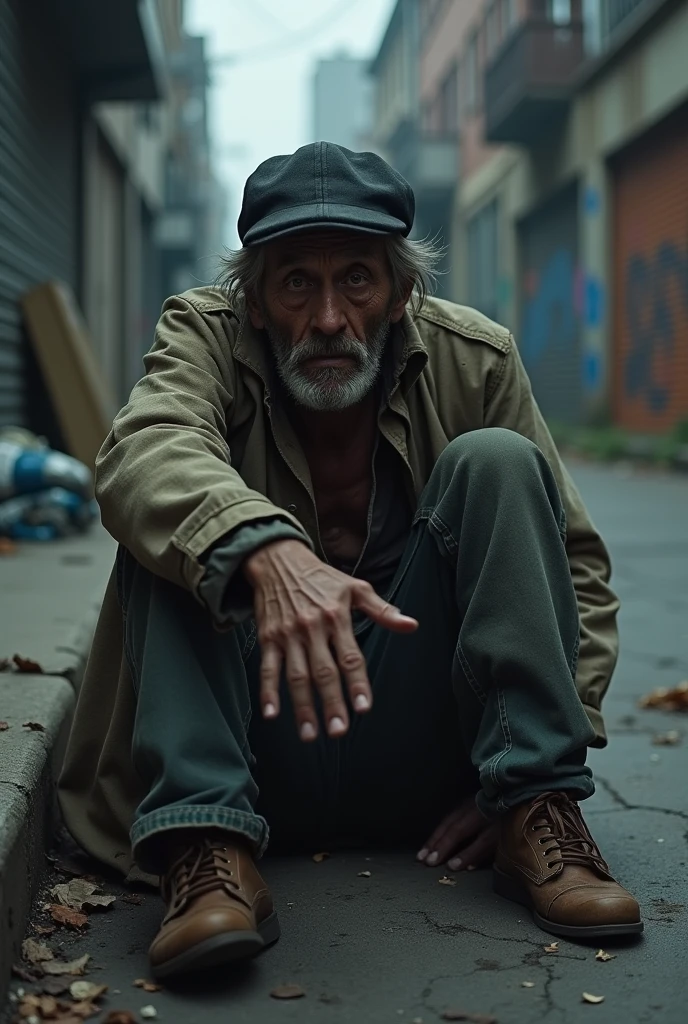 Create a realistic image of a black beggar, drug user, with flat brim cap