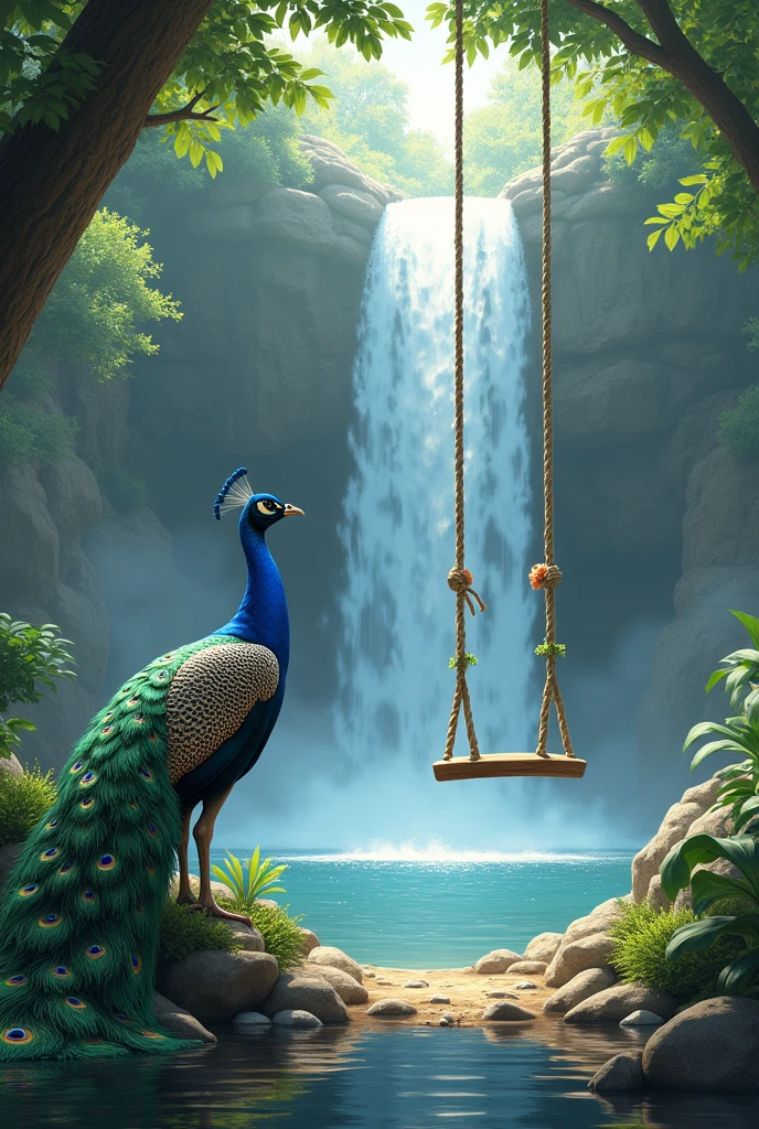 peacock in background and waterfall with empty swing