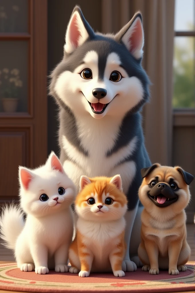 Husky with one white pomeranian , one brown Pomeranian , one persian cat , one pug and one coton de tulear