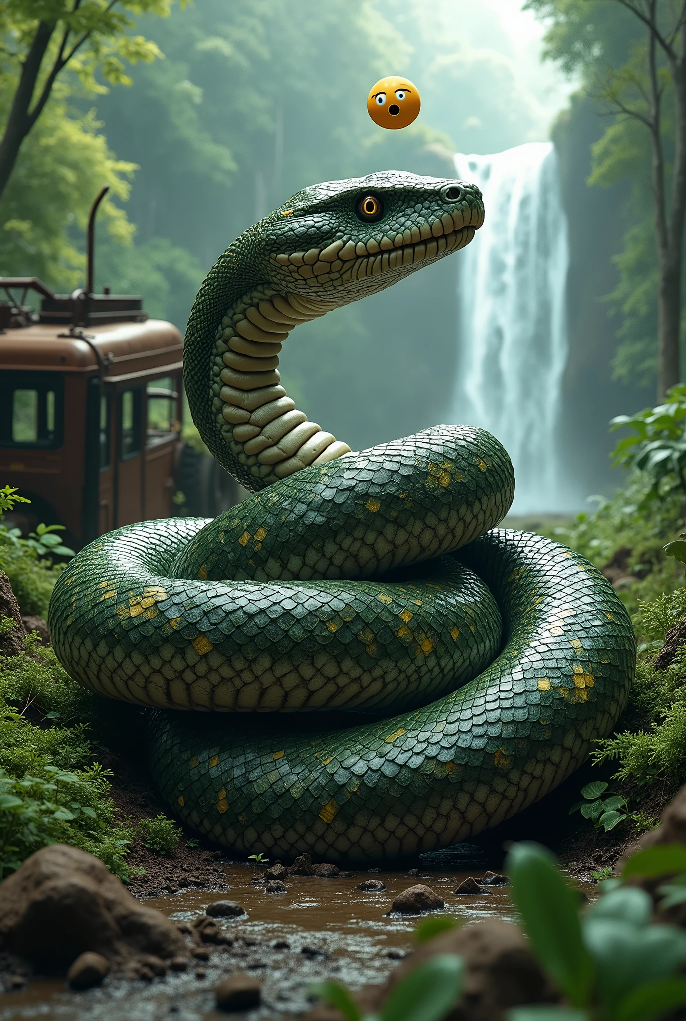 Create a surreal scene set in a lush jungle with a massive waterfall in the background. A large, realistic snake with a camouflage pattern is coiled around an old, rusty hydraulic claw or excavator, blending into the machinery. The snake's scales should match the jungle's greenery, making it appear as if it's part of the environment. The atmosphere should be misty and vibrant, with the jungle appearing dense and full of life. Include a small, surprised emoji floating above the snake, adding a whimsical touch to the scene. The overall vibe should be a mix of nature's power and mechanical decay."