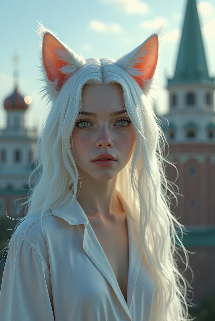 1girl, ebenya, looking at viewer, white hair, neko, cat ears, cat tail, white shirt, open clothes, russian city, ba-shiroko, best quality, 4k, 8k, highres, masterpiece:1.2, ultra-detailed, realistic, photorealistic, photo-realistic:1.37, HDR, UHD, studio lighting, ultra-fine painting, sharp focus, physically-based rendering, extreme detail description, professional, vivid colors, bokeh, portraits, fantasy, mystical, ethereal