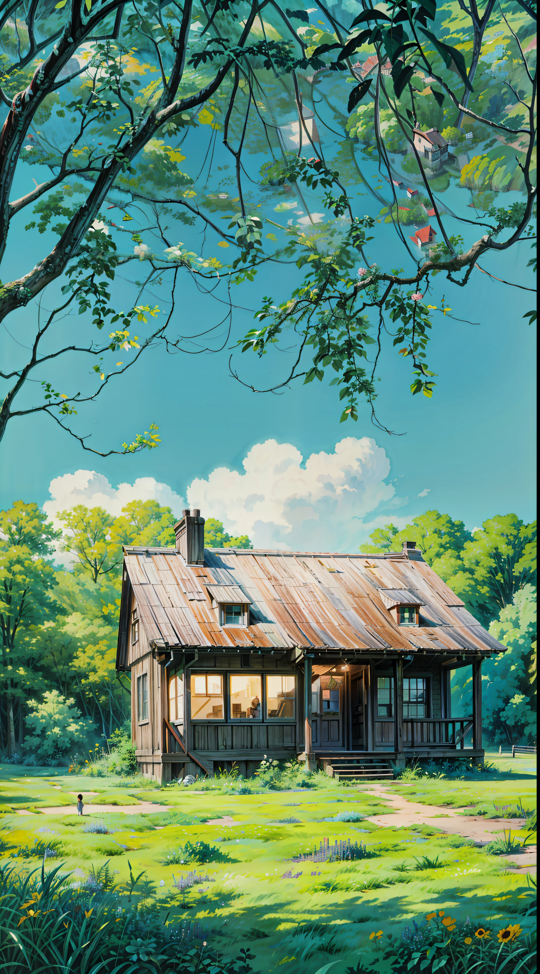 a picture of a house in the middle of a field, by Jeffrey Smith, by Makoto Shinkai, by makoto shinkai, by Edward Okuń, cinematic studio ghibli still, anime. by makoto shinkai, in style of atey ghailan, atey ghailan and mike mignola, studio ghibli environment, cozy home background, 4k hd,, beautiful art uhd 4 k, a beautiful artwork illustration, beautiful digital painting, highly detailed digital painting, beautiful digital artwork, detailed painting 4 k, very detailed digital painting, rich picturesque colors, gorgeous digital painting, saturated, no human
