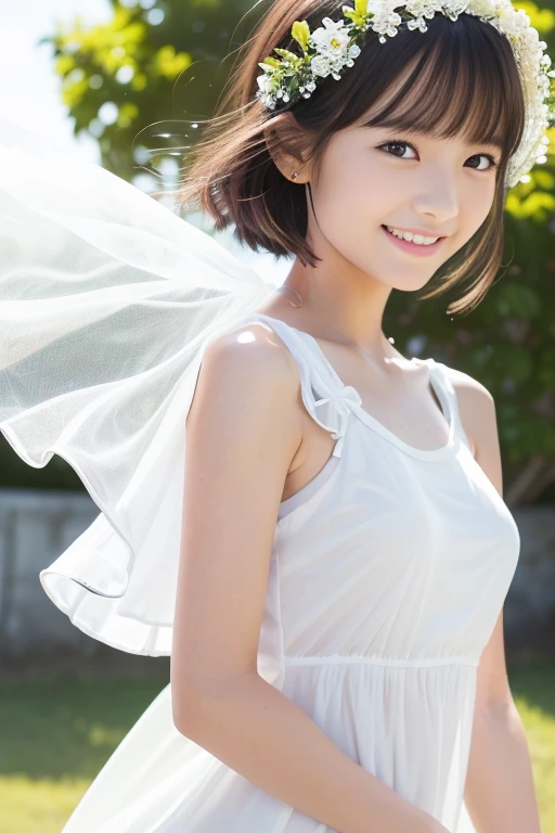 (8k), (masterpiece), (High resolution), (Realistic:1.4), Japanese, 1 girl, (((:1.5))), Childish:1.2, Facing forward, (smile:1.3), happy, ((cute:1.5)), Innocent, (innocent), kind, Elegant:1.4, Double eyelids:1.2, (Dark Eyes), Beautiful eye and skin details:1.5, (Realistic skin texture:1.5), High nose:1.1, (((White camisole dress:1.5))), ((White clothes:1.5)), (See-through clothing:1.5), (Décolletage:1.2), Black Hair, Hair blowing in the wind, Child body type:1.3, (Slender), summer, noon, bright, coastal, Flower crown:1.3, Primary school students, Middle school students, detail fingers, detail arms, detail eyes