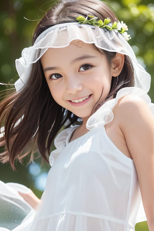 (8k), (masterpiece), (High resolution), (Realistic:1.4), Japanese, 1 girl, (((:1.5))), Childish:1.2, Facing forward, (smile:1.3), happy, ((cute:1.5)), Innocent, (innocent), kind, Elegant:1.4, Double eyelids:1.2, (Dark Eyes), Beautiful eye and skin details:1.5, (Realistic skin texture:1.5), High nose:1.1, (((White camisole dress:1.5))), ((White clothes:1.5)), (See-through clothing:1.5), (Décolletage:1.2), Black Hair, Hair blowing in the wind, Child body type:1.3, (Slender), summer, noon, bright, coastal, Flower crown:1.3, Primary school students, Middle school students, detail fingers, detail arms, detail eyes